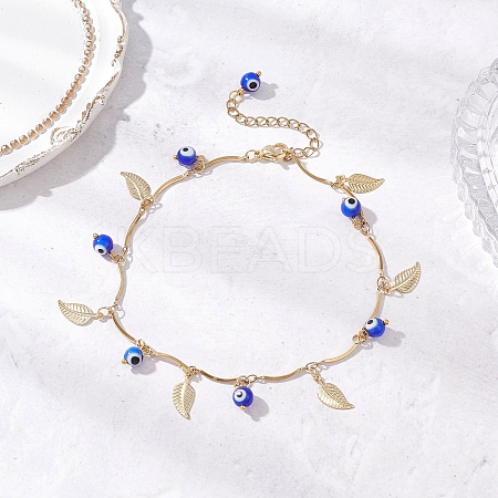 Handmade Evil Eye Lampwork & Stainless Steel Leaf Tassel 304 Stainless Steel Curved Bar Link Chain Anklets for Women AJEW-AN00742-02-1