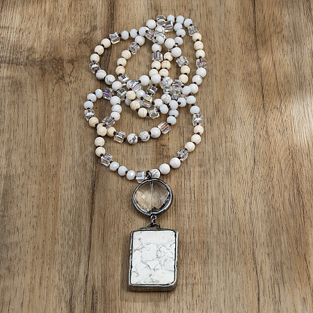Rectangle & Flat Round Bohemian Style Natural Howlite with Glass Pendant Necklaces FS-WGEA5B3-05-1