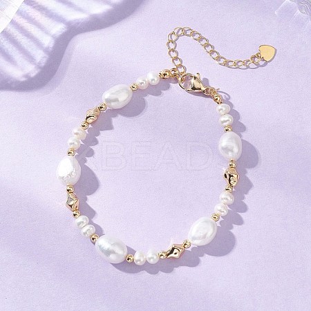 Natural Cultured Freshwater Pearl & Brass Beaded Bracelets for Women BJEW-JB13366-1