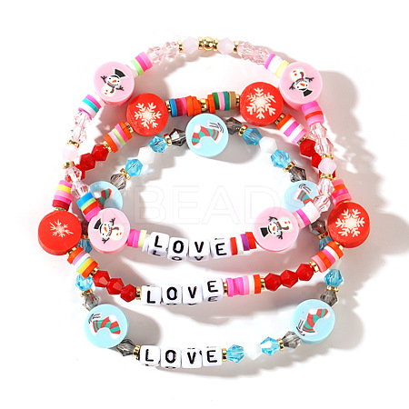 3Pcs Christmas Theme Handmade Polymer Clay & Glass Bicone Beads Stretch Bracelet Sets QY3550-3-1