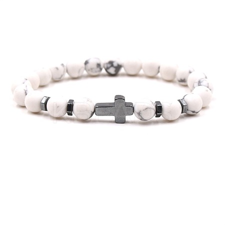 8MM Round Natural Howlite Beaded Stretch Bracelets with Synthetic Non-magnetic Hematite Cross FA1012-3-1