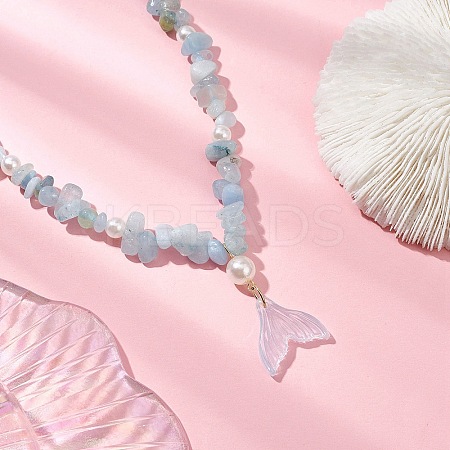 Natural Aquamarine Chip & Imitaton Round Pearl Beaded Adjustable Necklaces NJEW-JN05227-05-1