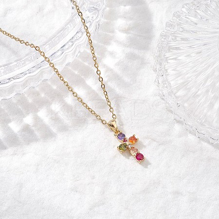 Brass Pave Colorful Cubic Zirconia Cross Pendant 304 Stainless Steel Cable Chain Necklaces for Women NJEW-JN05358-1