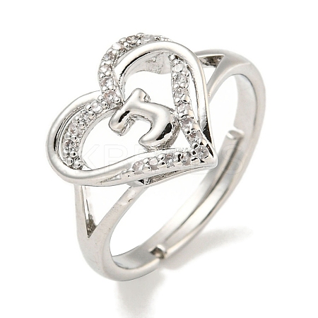 Heart with Letter Rack Plating Brass Micro Pave Clear Cubic Zirconia Adjustable Rings for Women RJEW-I105-01P-J-1