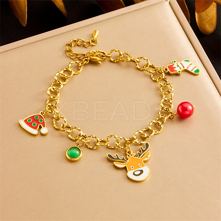 Christmas Theme 304 Stainless Steel Charm Bracelets for Women BJEW-Z142-04G-1