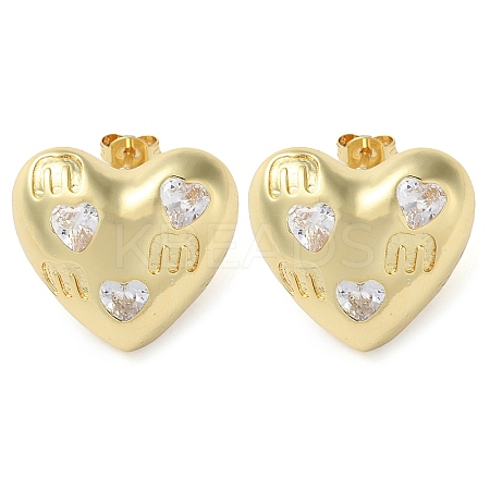 Heart Brass Micro Pave Clear Cubic Zirconia Stud Earrings EJEW-A034-06G-1