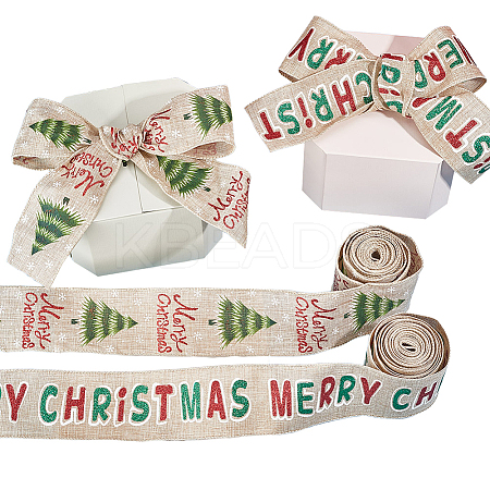 2 Rolls 2 Styles Christmas Printed Linen Ribbon OCOR-GF0002-72-1