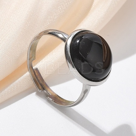 Half Round Natural Black Agate Finger Rings RJEW-M062-01P-05-1