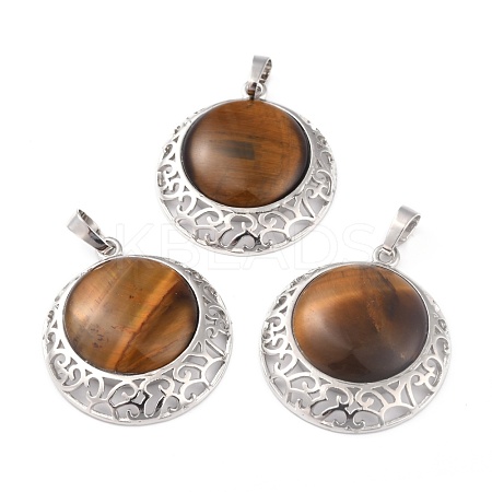 Natural Tiger Eye Pendants with Hollow Platinum Brass Findings G-P448-A15-P-1