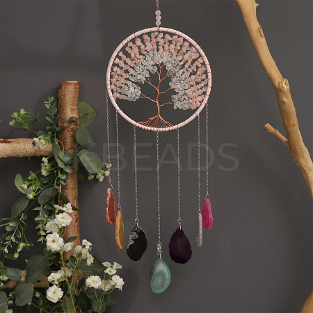 Brass Wire Wrapped Natural Rose Quartz & Quartz Crystal Chips Tree of Life Pendant Decorations HJEW-D302-04-1