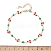 Brass Enamel with Green Glass Red Cherry Link Anklets for Women AJEW-AN00772-2
