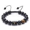 Natural Black Agate & Tiger Eye Round Beaded Adjustable Bracelets HL8029-25-1