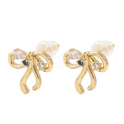 Bowknot Brass Micro Pave Clear Cubic Zirconia Stud Earrings EJEW-P331-03G-1