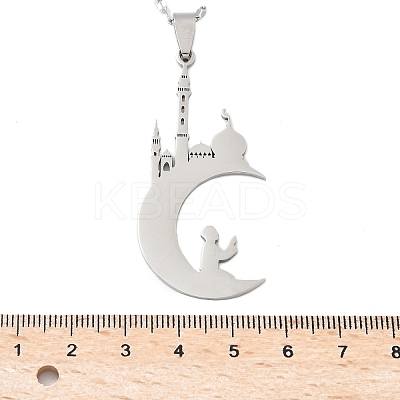 201 Stainless Steel Hollow Moon with Castle and Prayer Pendant Necklaces for Ramadan & Eid Mubarak NJEW-D318-05P-1