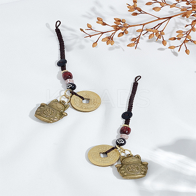 2Pcs Brass Lucky Cat & Coins Five Emperor Money Feng Shui Coins Pendant HJEW-LP0002-82-1