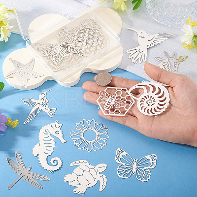 16Pcs 16 Styles 201 Stainless Steel Etched Metal Embellishments Connector Charms STAS-TA0003-39-1