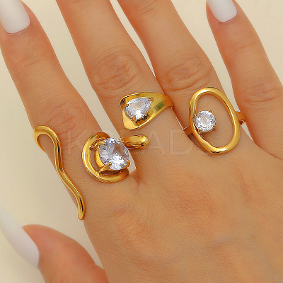 304 Stainless Steel Cubic Zirconia Cuff Rings Sets for Women FS-WG503C7-19-1