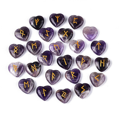 25Pcs Natural Amethyst Heart Rune Stones with Elder Futhark Alphabet Engraved G-T144-02A-1