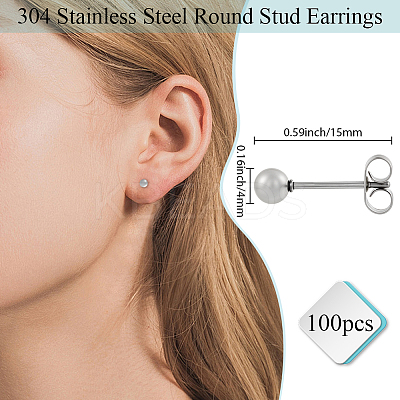 100Pcs 304 Stainless Steel Round Stud Earrings EJEW-BBC0002-05C-P-1