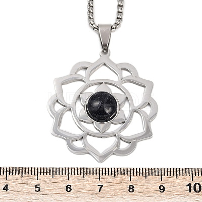Chakra Lotus Flower 201 Stainless Steel Pave Synthetic Blue Goldstone Pendant Necklaces for Women NJEW-K283-26P-1
