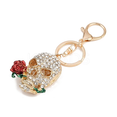 Skull with Rose Alloy Rhinestone Pendant Decoration Keychains KEYC-B019-02-1