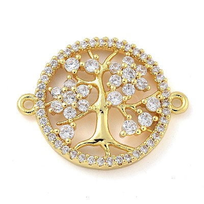 Rack Plating Brass Clear Cubic Zirconia Flat Round with Tree Connector Charms KK-A234-033G-1