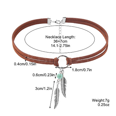 Bohemian Style Alloy Feather Charm & Synthetic Turquoise Pendant Choker Necklaces FS-WGABF31-01-1