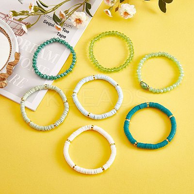 7Pcs 7 Style Handmade Polymer Clay Heishi Surfer Stretch Bracelets Set BJEW-SW00073-03-1