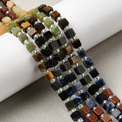 Synthetic Goldstone & Natural Tiger Eye & Golden Sheen Obsidian & Sodalite & Chinese Southern Jade & Yellow Aventurine & Sesame Jasper & African Bloodstone Beads Strands G-H333-03F-1