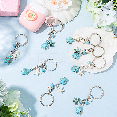 20Pcs Turtle with Starfish Synthetic Turquoise Pendant Keychains KEYC-CP0001-47A-1