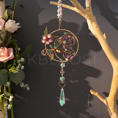 Wire Wrapped Natural Gemstone Beads & Metal Dragonfly Hanging Ornaments PW-WG454D0-01-1