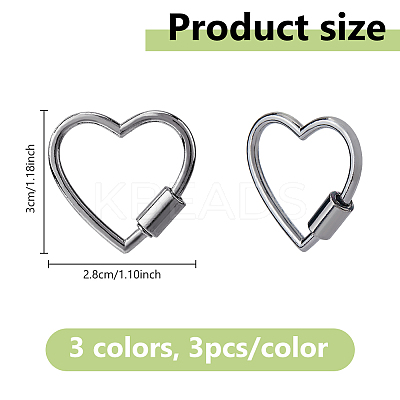 9Pcs 3 Colors Alloy Heart-shaped Locking Carabiner Clasps FIND-DC0005-45-1