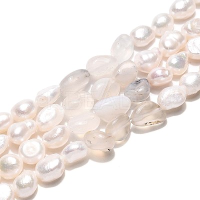 Natural Cherry Blossom Agate Nuggets & Natural Cultured Freshwater Pearl Beads Strands PEAR-N023-01A-05-1