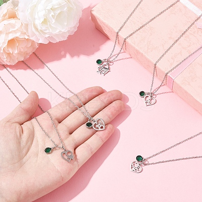 Valentine's Day 304 Stainless Steel & Green Glass Couple Heart Pendant Cable Chain Necklaces for Women NJEW-FS00014-01-1