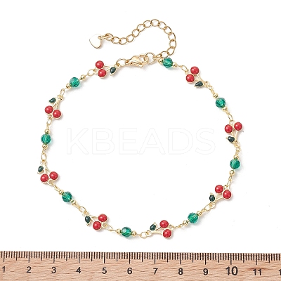 Brass Enamel with Green Glass Red Cherry Link Anklets for Women AJEW-AN00772-1