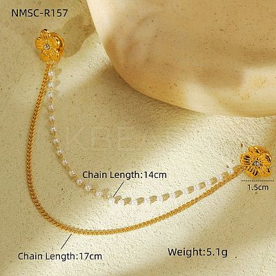 304 Stainless Steel Pave Clear Cubic Zirconia & ABS Pearl Flower Hanging Chain Brooch JEWB-S021-05G-1