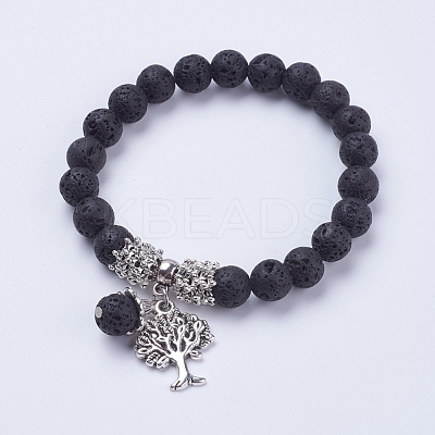 Natural Lava Rock Stretch Charm Bracelets BJEW-JB03478-01-1