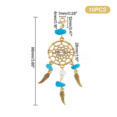 10Pcs Woven Net/Web with Feather Pendant Decorations HJEW-NB0001-73-1