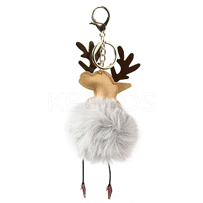 Imitation Rex Rabbit Fur & PU Leather Christmas Reindeer Pendant Keychain LS-KEYC-K018-03KCG-01-1