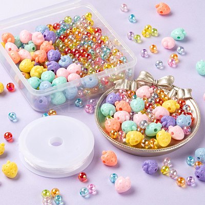 380Pcs Strawberry & Round Acrylic Beads with 1 Roll Clear Elastic Crystal Thread DIY-LS0001-08-1