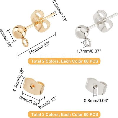 120Pcs 2 Style 304 Stainless Steel Ball Stud Earring Findings STAS-UN0028-90-1