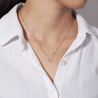 Deer Antler Heart 304 Stainless Steel Rhinestone Pendant Necklaces DZ8057-1