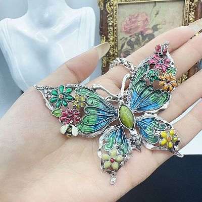 Flower Butterfly Alloy Colorful Enamel & Cat Eye Pendant Necklaces for Women FS-WGE41F5-02-1