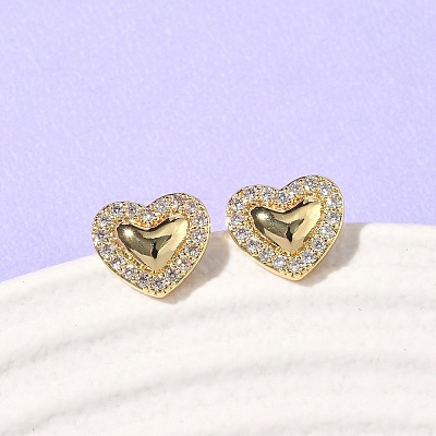 Heart Brass Micro Pave Clear Cubic Zirconia Stud Earrings EJEW-P336-03G-1