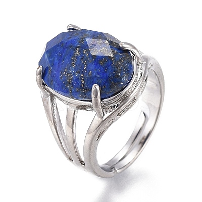 Adjustable Faceted Natural Lapis Lazuli Finger Rings RJEW-I068-B06-1-1
