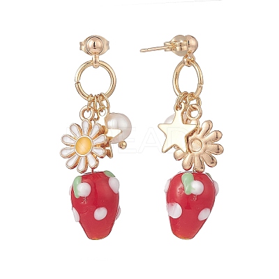 Natural Pearl & Alloy Enamel Flower & Lampwork Strawberry Dangle Stud Earrings EJEW-TA00143-1
