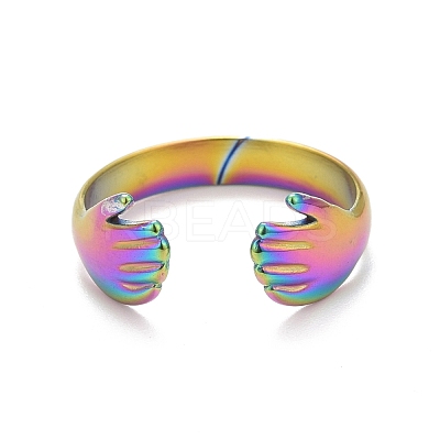 Ion Plating(IP) Rainbow Color 304 Stainless Steel Double Hand Hug Open Cuff Ring for Women RJEW-C025-08A-M-1