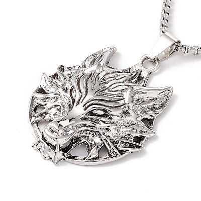 Alloy Wolf Pendant Necklace with 201 Stainless Steel Box Chains LS-NJEW-E016-19AS-1