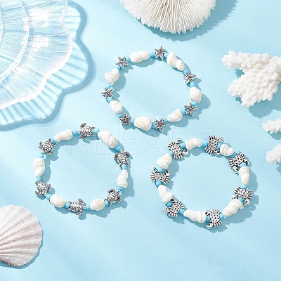 3Pcs Ocean Theme Natural Shell & Alloy Beaded Stretch Bracelets for Men Women BJEW-JB12387-1