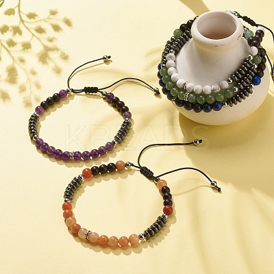 Natural Gemstone & Synthetic Hematite Braided Bead Bracelet for Women BJEW-JB08181-1